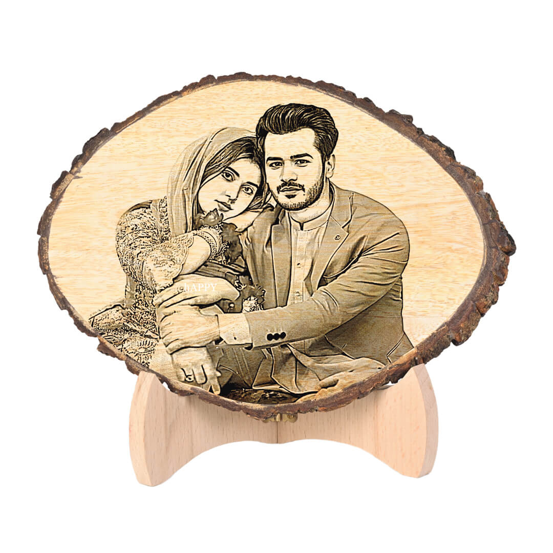 Giftanna Customize Engraved Natural Slice Wooden Photo Frame, Personalized Photo Gift for Birthday, Wedding, Real Wood Plaque with Wood Stand, Tabletop